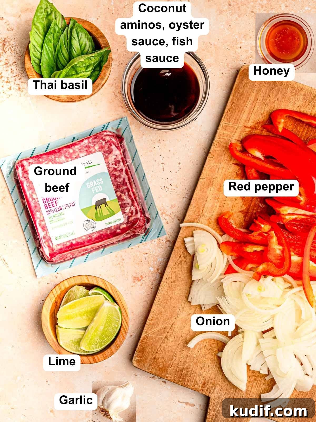 A flat lay of ingredients for Thai basil beef.