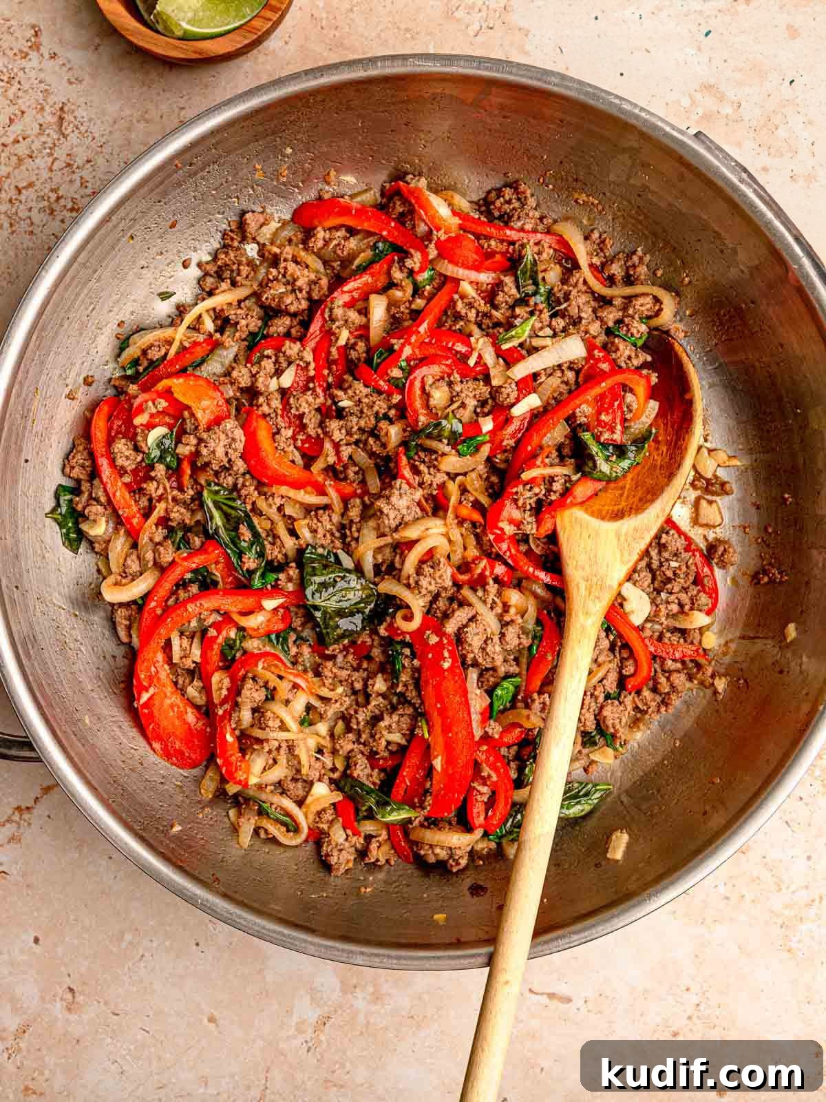 A finished pan of Thai basil beef.