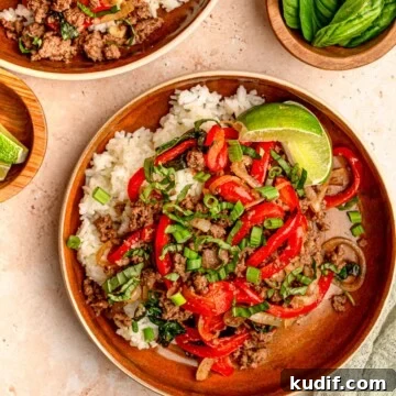 Thai basil beef over rice, garnished with green onions and fresh basil, with lime wedges and extra basil leaves nearby.
