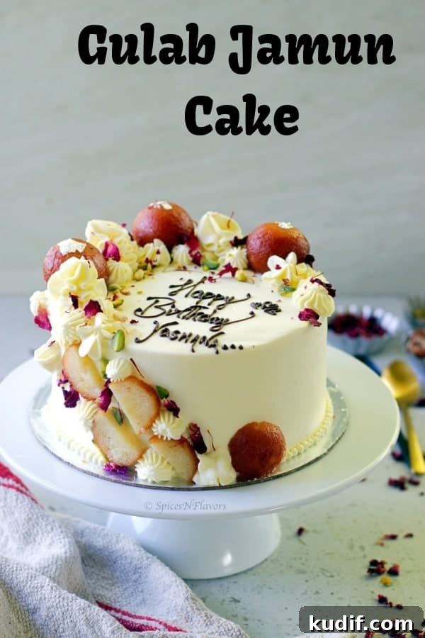 Eggless Gulab Jamun Cake: Soft Indian Dessert Recipe 2 gulab jamun cake placed on a white cake stand