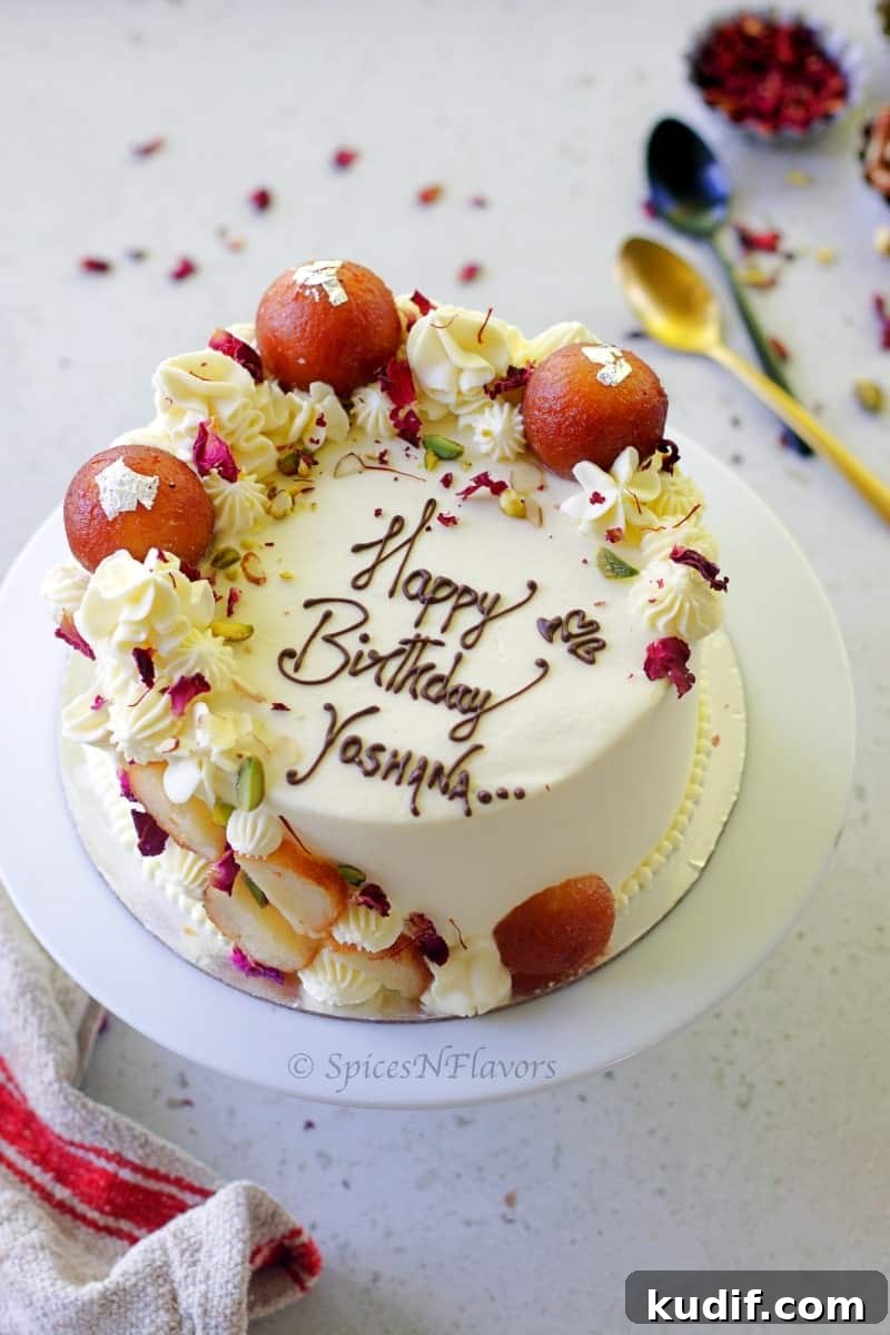 Eggless Gulab Jamun Cake: Soft Indian Dessert Recipe 3 overhead view of gulab jamun cake showing the design on top