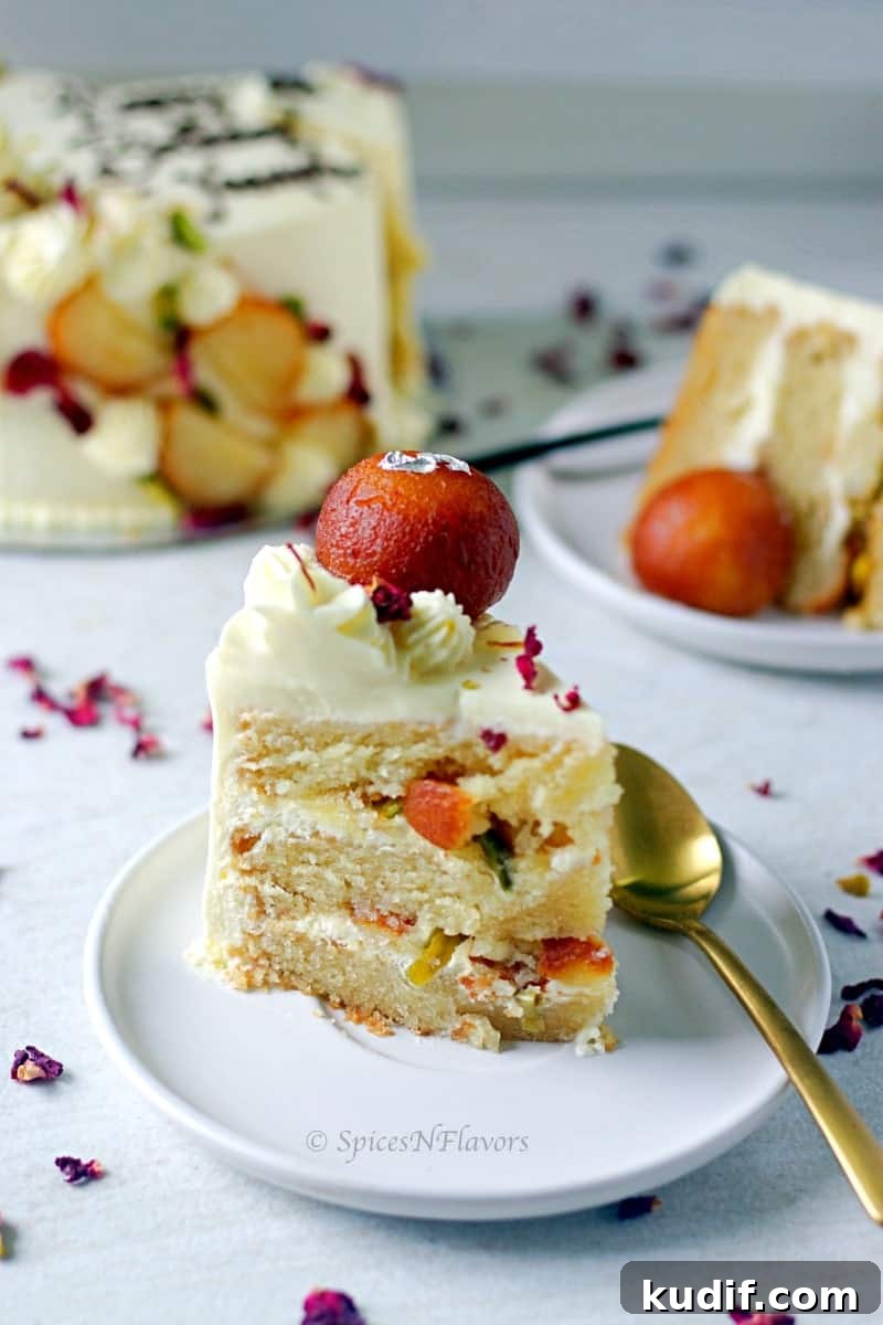 Eggless Gulab Jamun Cake: Soft Indian Dessert Recipe 5 slice of gulab jamun served on a white plate