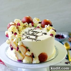 Eggless Gulab Jamun Cake: Soft Indian Dessert Recipe 6 straight view of gulab jamun cake in one view