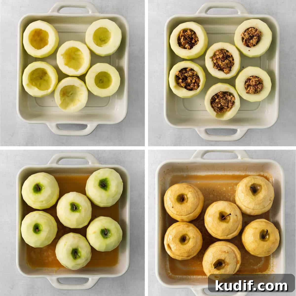 Baked Apples Recipe: Gluten-Free Cinnamon-Stuffed Dessert 5 Process photos for baked apples: cored raw apples, filled raw apples, and covered raw apples in a baking pan, followed by baked apples in a baking pan.