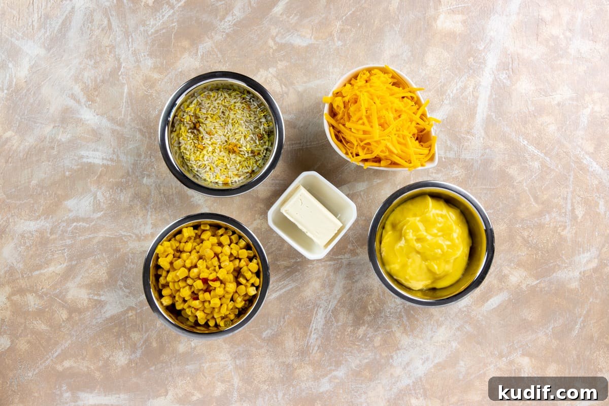Cheesy Corn and Rice Casserole with Bacon and Green Chiles 3 Ingredients measuring out in individual containers.