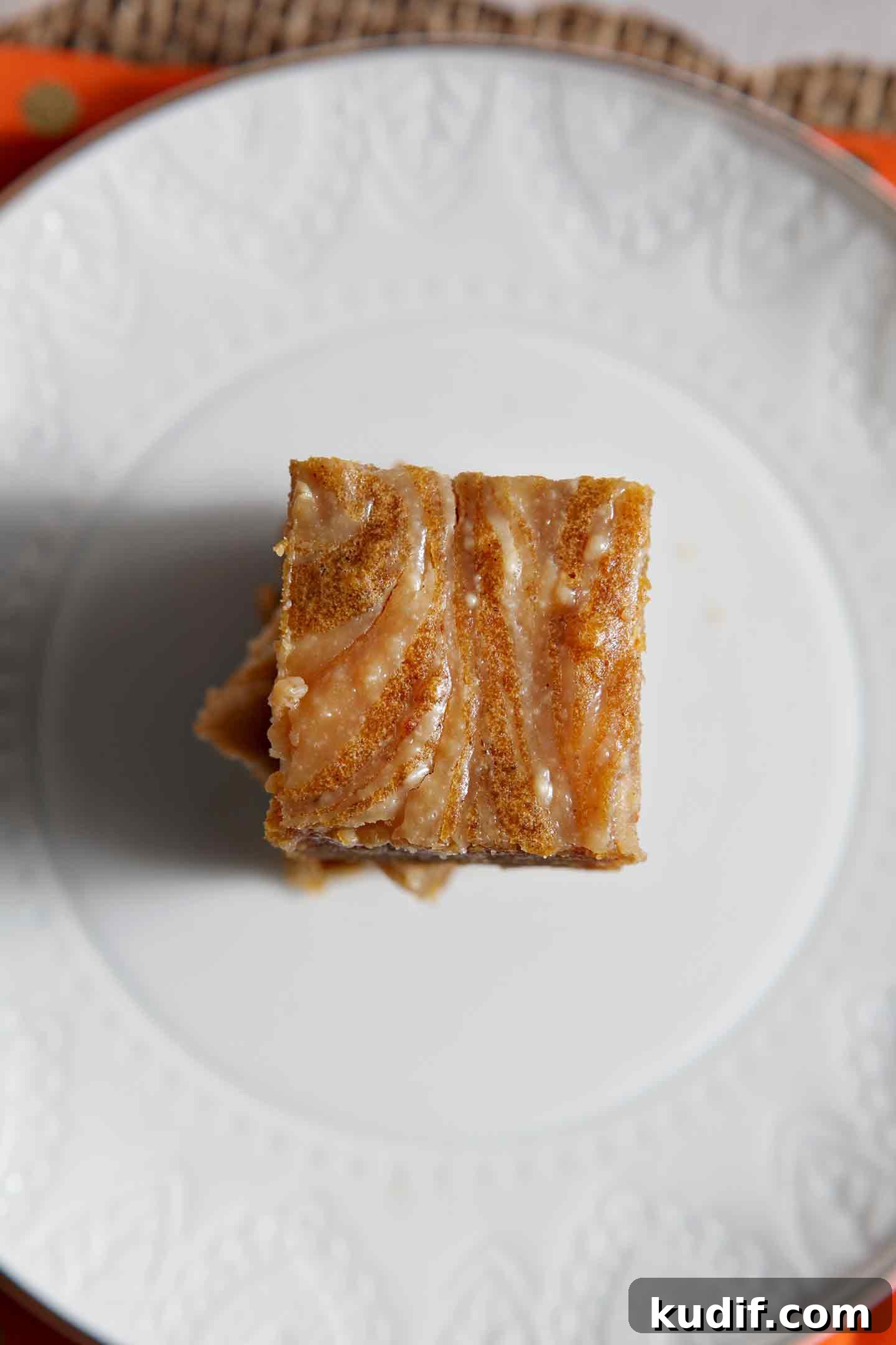 Pumpkin Blondies with Caramel Cream Cheese Swirl Recipe 4 Close up of the cream cheese caramel swirl from above