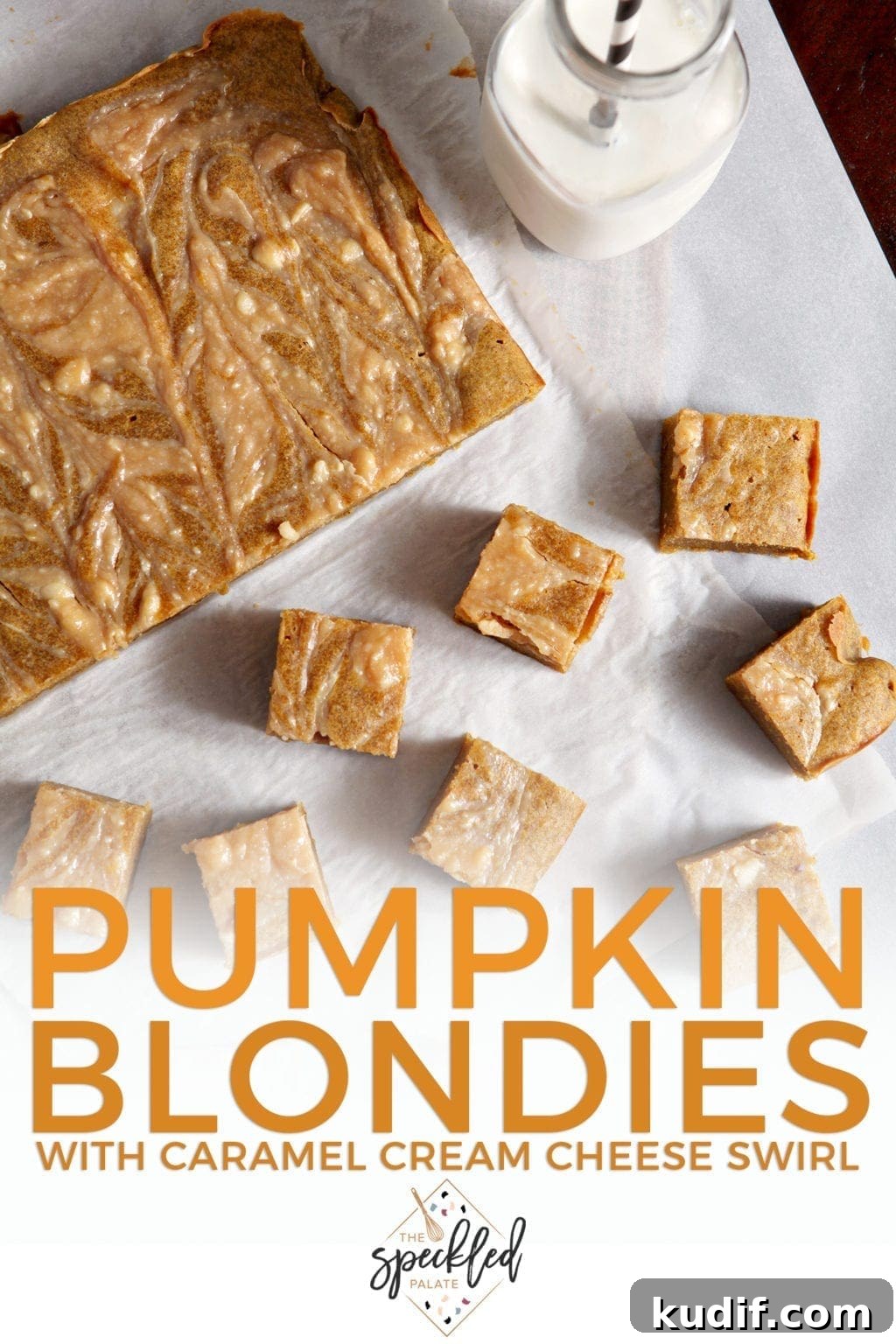 Pumpkin Blondies with Caramel Cream Cheese Swirl Recipe 6 Overhead image of sliced Pumpkin Blondies with Caramel Cream Cheese Swirl, with Pinterest text