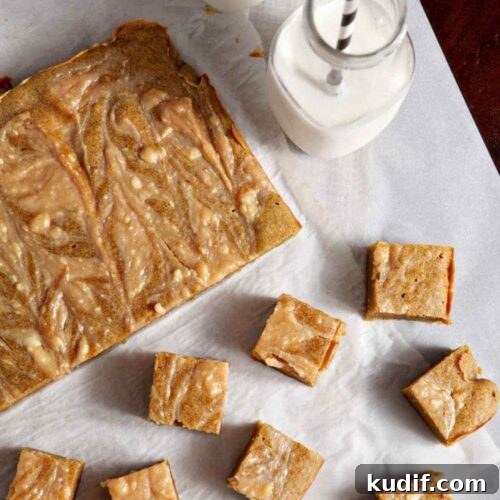 Pumpkin Blondies with Caramel Cream Cheese Swirl Recipe 7 Overhead of Pumpkin Blondies with a Cream Cheese Caramel Swirl