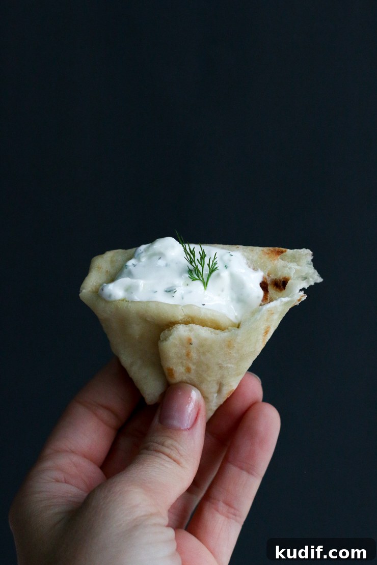 bite of pita and tzatziki