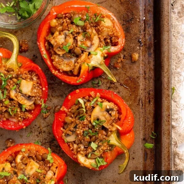 Smoky Black Bean Stuffed Peppers with Cilantro Lime Rice 11 An overhead image of vegan stuffed peppers. on a baking sheet.