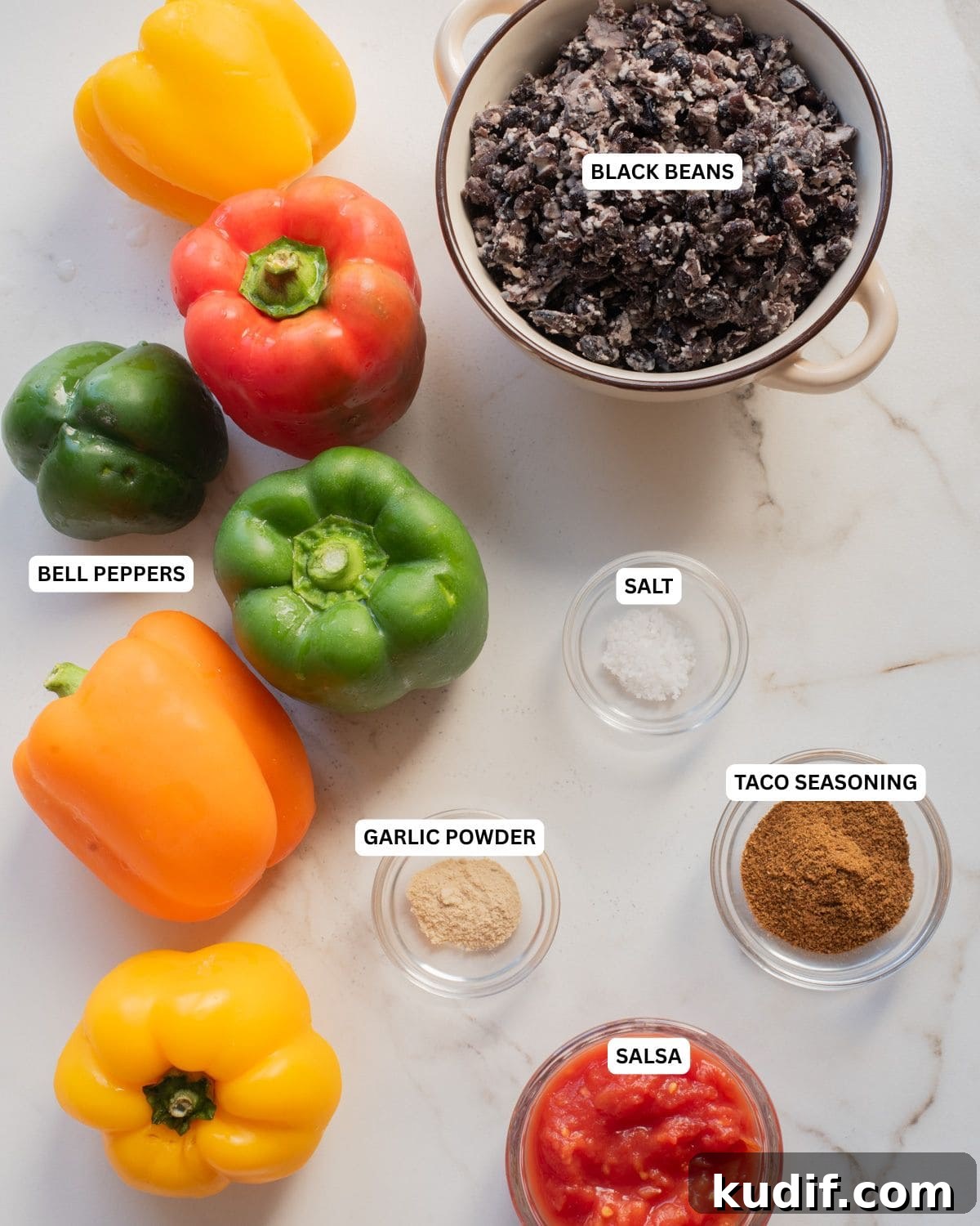 Smoky Black Bean Stuffed Peppers with Cilantro Lime Rice 4 Overhead image of the ingredients for black bean stuffed peppers.