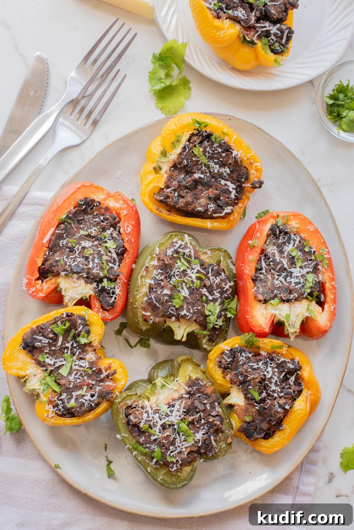 Smoky Black Bean Stuffed Peppers with Cilantro Lime Rice 9 Plate of black bean stuffed peppers.