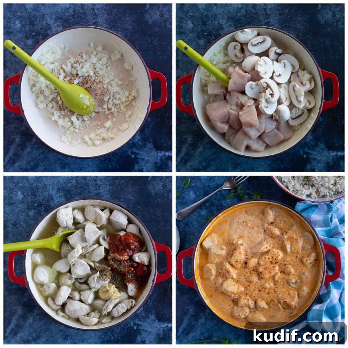 Creamy Chicken and Mushroom Stroganoff Recipe 3 Step by step photo instruction collage for making chicken and mushroom stroganoff.