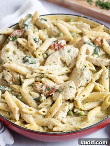Creamy chicken pesto pasta.