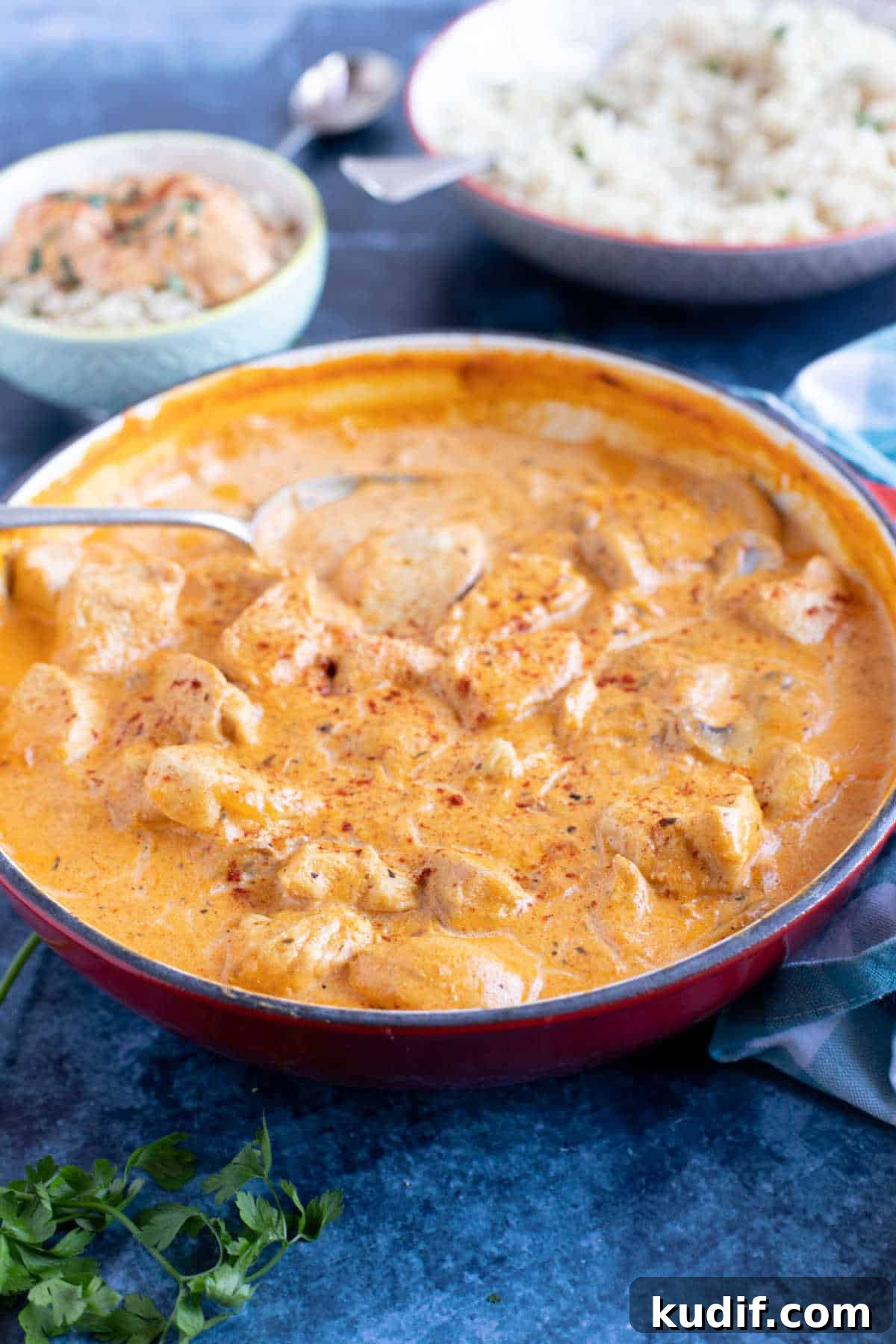 Creamy Chicken and Mushroom Stroganoff Recipe 10 A pan of creamy chicken stroganoff.