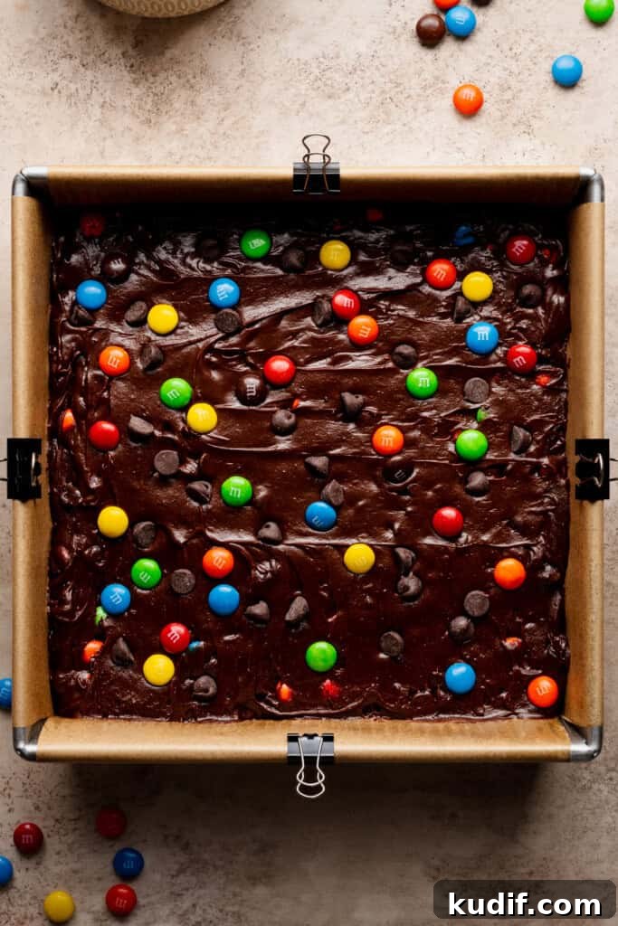 A pan of the unbaked brownies.