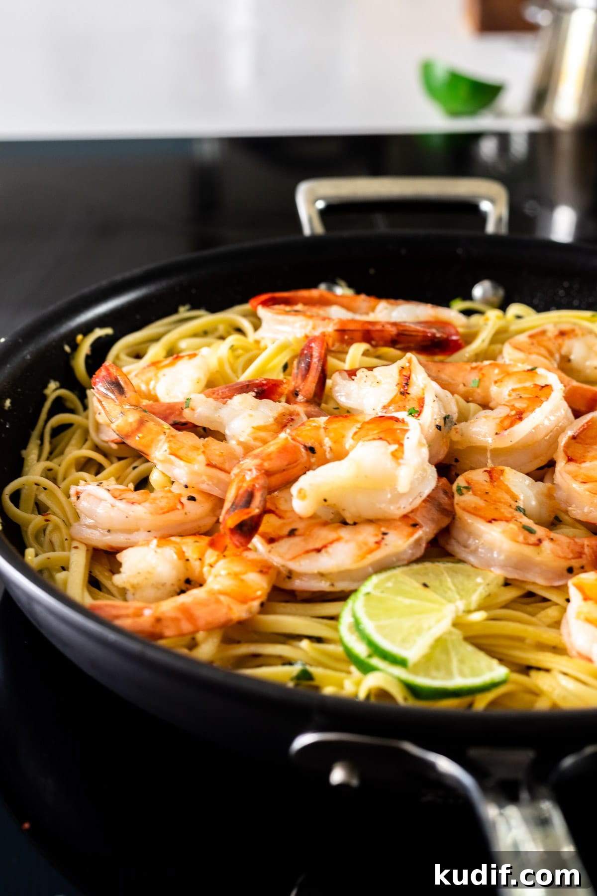 Cilantro-Lime Shrimp Pasta with Garlic and Parmesan 5 cilantro lime shrimp pasta in a skillet