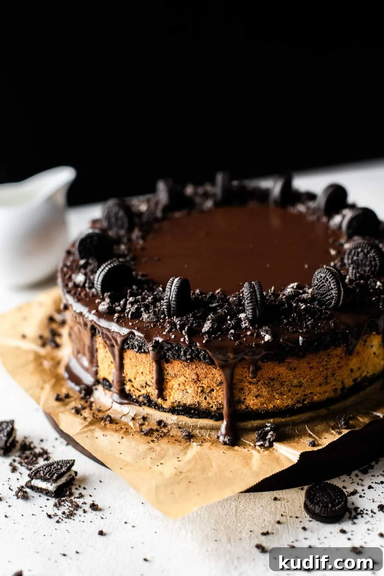 Oreo Cheesecake Recipe: Creamy No-Bake Dessert with Oreo Crust 2 Oreo cheesecake on serving board