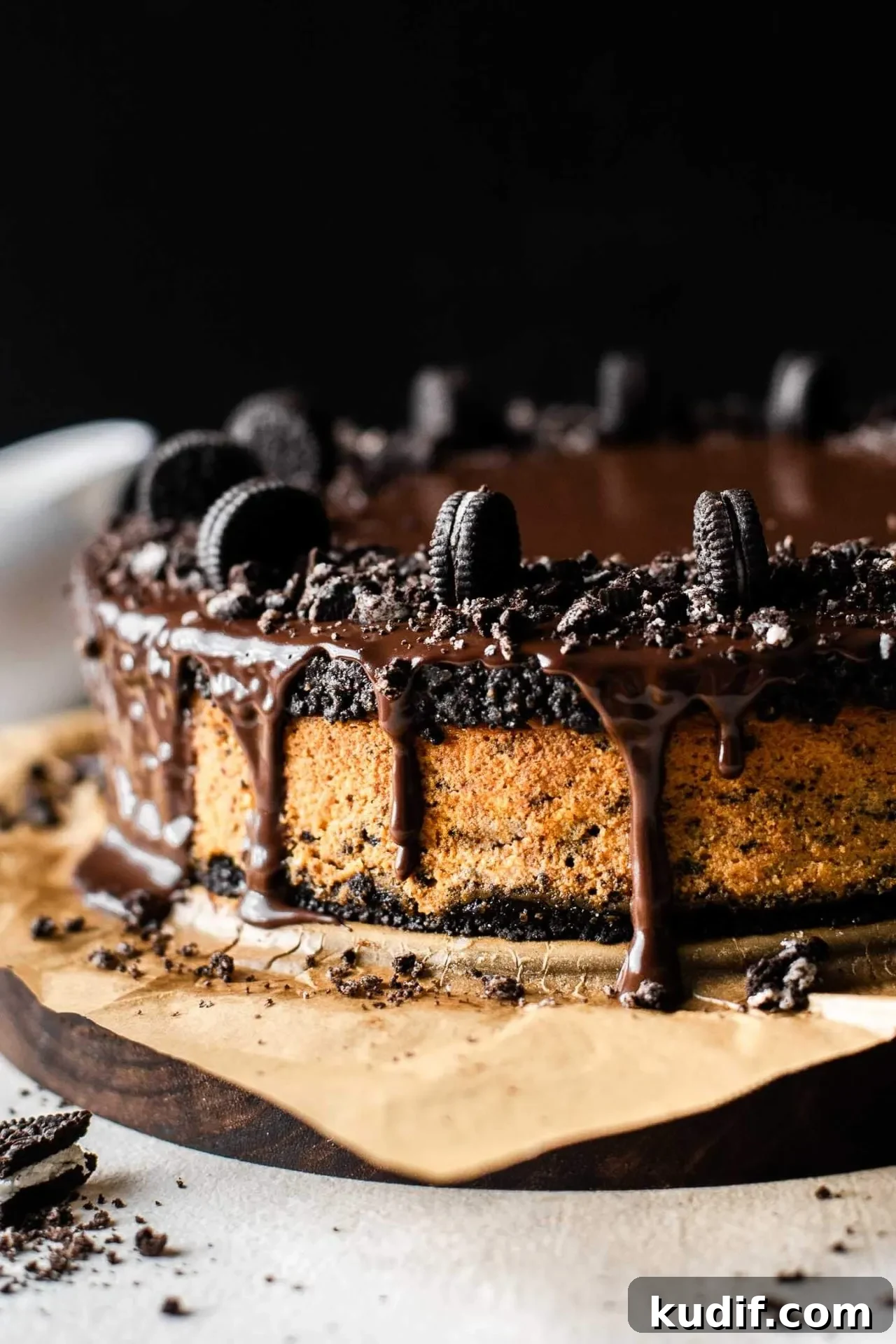 Oreo Cheesecake Recipe: Creamy No-Bake Dessert with Oreo Crust 11 Oreo cheesecake on serving board