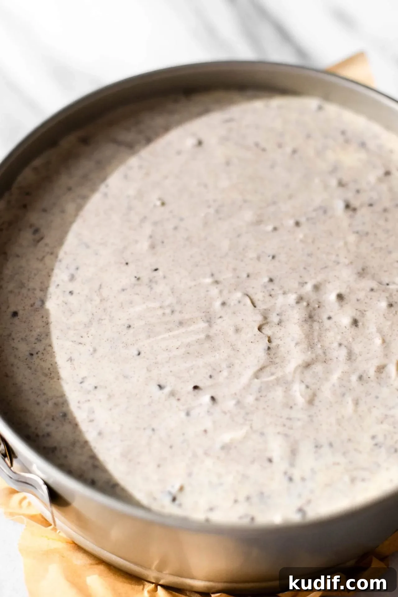 Oreo Cheesecake Recipe: Creamy No-Bake Dessert with Oreo Crust 8 Oreo cheesecake filling batter added to pan over crust