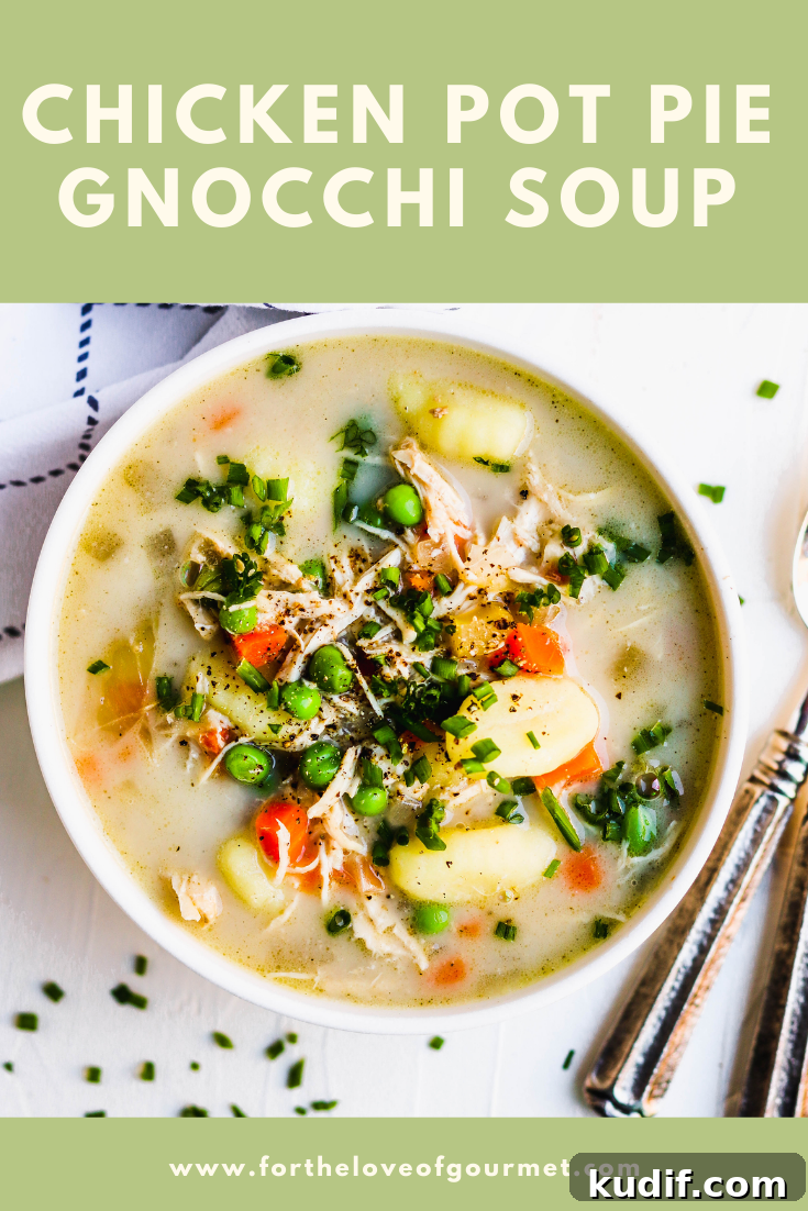 Slow Cooker Chicken Pot Pie Gnocchi Soup Recipe 6 Slow cooker chicken pot pie gnocchi soup is the perfect cozy fall dinner. This crock pot soup recipe reminds you of chicken pot pie without all the work. Chicken pot pie soup is creamy, delicious, and full of vegetables. Plus this is an easy soup recipe! #chickenpotpie #slowcooker #crockpot