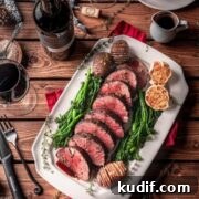 Garlic Thyme Studded Beef Tenderloin Roast with Red Wine Sauce served on a plate with broccolini