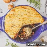 vegan shepherd's pie served on a wide baking dish