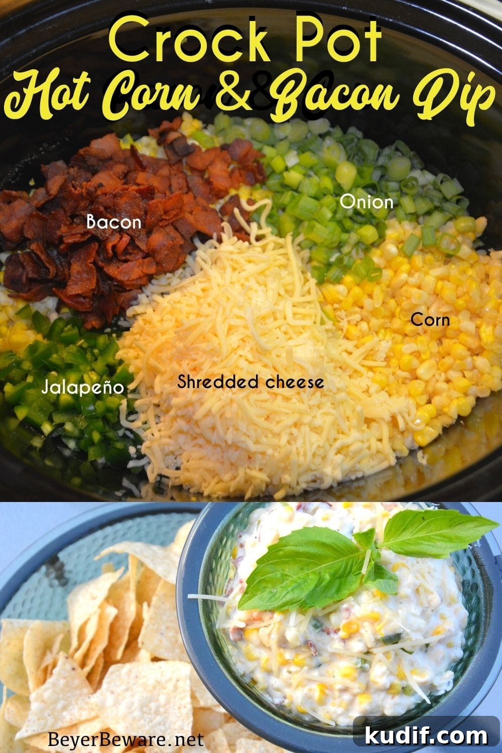 Slow-Cooker Bacon and Corn Dip Recipe for Party Appetizers 2 Crock pot hot bacon and corn dip: ooey-gooey cheesiness with a hint of heat from jalapenos.