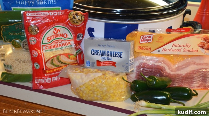 Slow-Cooker Bacon and Corn Dip Recipe for Party Appetizers 4 Ingredients for hot corn dip laid out.