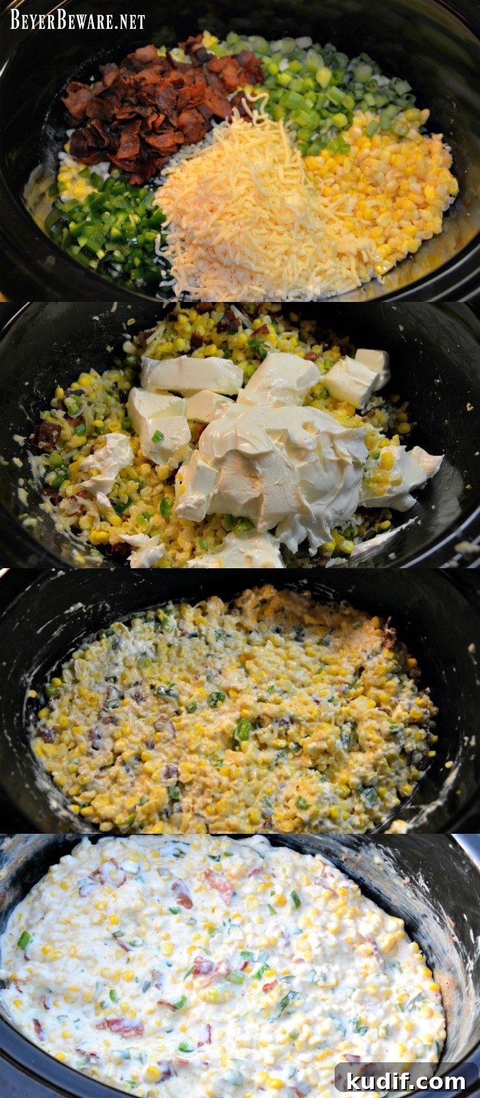 Slow-Cooker Bacon and Corn Dip Recipe for Party Appetizers 5 Process shot of ingredients combined in the crock pot.