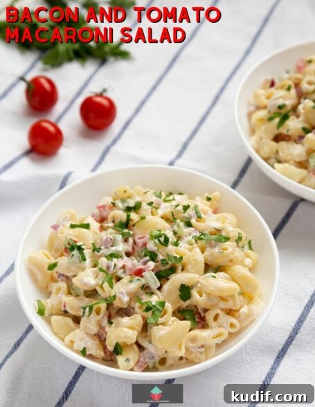 Creamy Bacon & Tomato Macaroni Salad Recipe 2 Bacon and Tomato Macaroni Salad, an easy pasta salad recipe using bacon, tomato, celery and macaroni with a simple mayonnaise dressing. An ideal pasta side dish.
