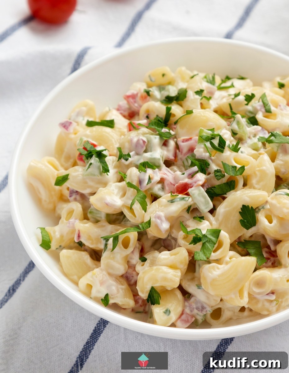 Creamy Bacon & Tomato Macaroni Salad Recipe 4 Bacon and Tomato Macaroni Salad, an easy pasta salad recipe using bacon, tomato, celery and macaroni with a simple mayonnaise dressing. An ideal pasta side dish.