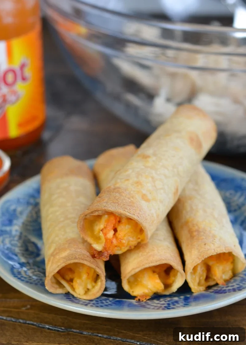 Spicy Buffalo Chicken Taquitos Recipe for Game Day Snacks 2 These 6-ingredient Buffalo Chicken Taquitos make an excellent, super-filling snack or dinner! Start with cooked, shredded chicken to have them ready in 30 minutes!