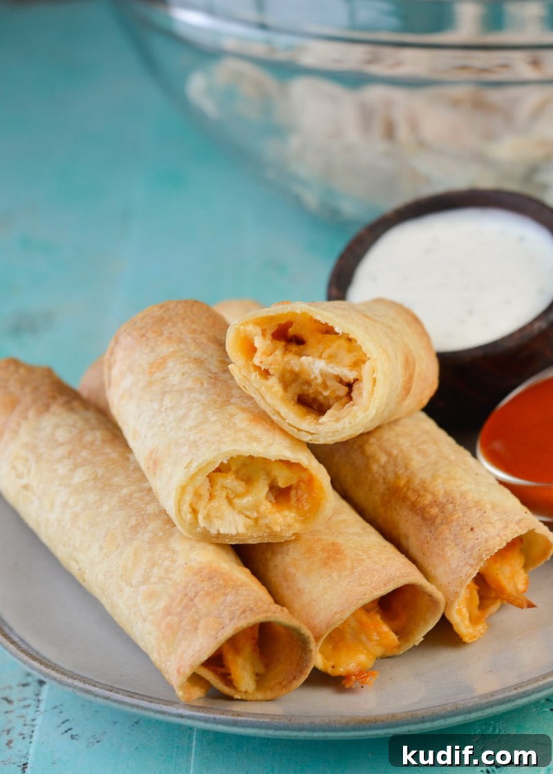 Spicy Buffalo Chicken Taquitos Recipe for Game Day Snacks 3 These 6-ingredient Buffalo Chicken Taquitos make an excellent, super-filling snack or dinner! Start with cooked, shredded chicken to have them ready in 30 minutes!