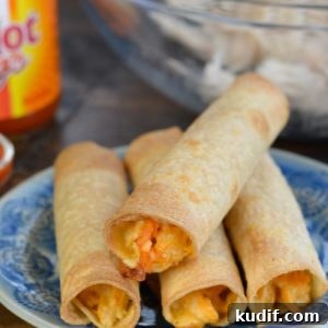 Spicy Buffalo Chicken Taquitos Recipe for Game Day Snacks 8 These 6-ingredient Buffalo Chicken Taquitos make an excellent, super-filling snack or dinner! Start with cooked, shredded chicken to have them ready in 30 minutes!