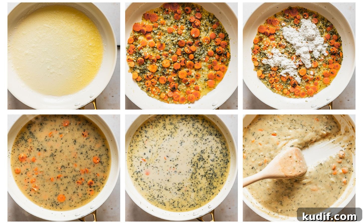 Six steps to making gravy. In photo 1, a white pan of melted butter. In photo 2, veggies and herbs are sautéeing in the butter. In photo 3, the pan has flour in it. In photo 4, the gravy has broth in it. In photo 5, the gravy has milk. In photo 6, a wood spoon stirs the gravy.
