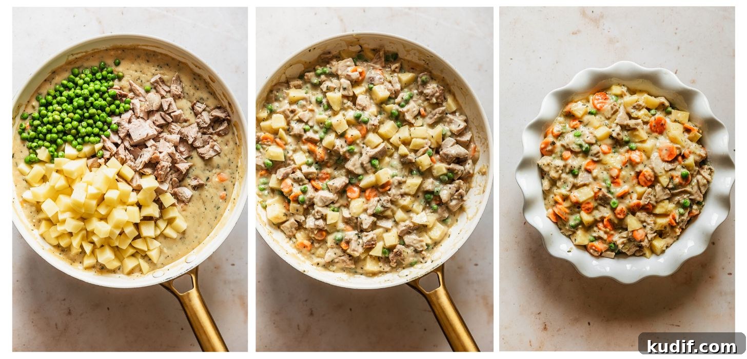 Three steps to making turkey pot pie filling. In photo 1, a white pan with gravy, turkey, potatoes, and peas is on a beige counter. In photo 2, the filling is mixed. In photo 3, the filling is in a white baking pan.