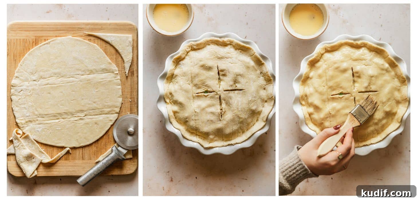 Three steps to assembling pot pie. In photo 1, a circle of dough is placed on a wood board next to a pizza cutter with a tan background. In photo 2, the crust is on top of the pie. In photo 3, a hand brushes the crust with egg wash.