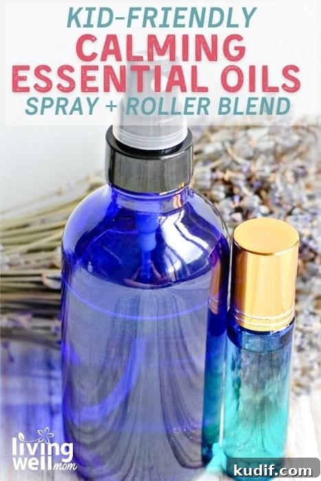 Calming Kids Roller & Spray Blend: DIY Calming Oils for Children 2 Spray bottle next to roll on bottle filled with calming oils for kids