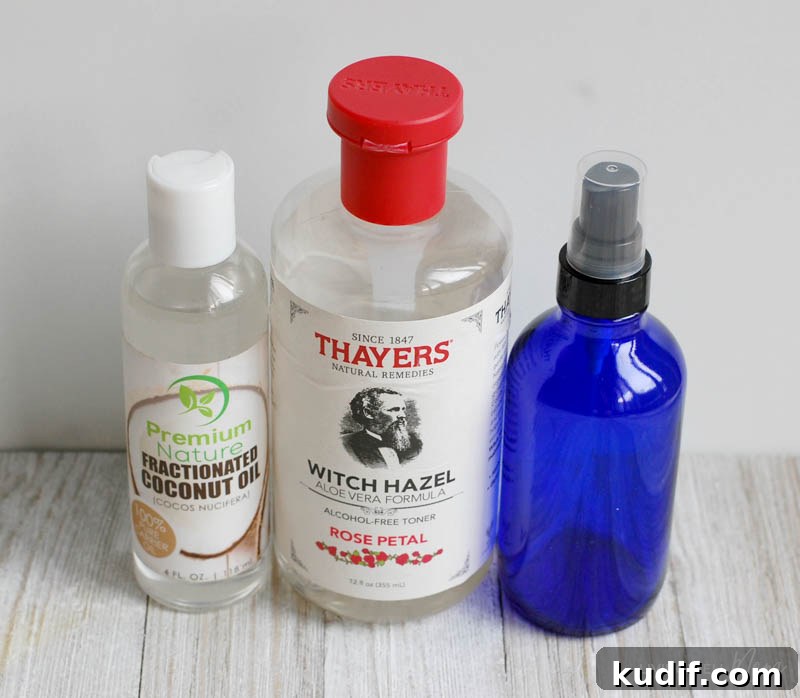 Calming Kids Roller & Spray Blend: DIY Calming Oils for Children 4 coconut oil, witch hazel and a spray bottle to make a blend of calming oils for kids