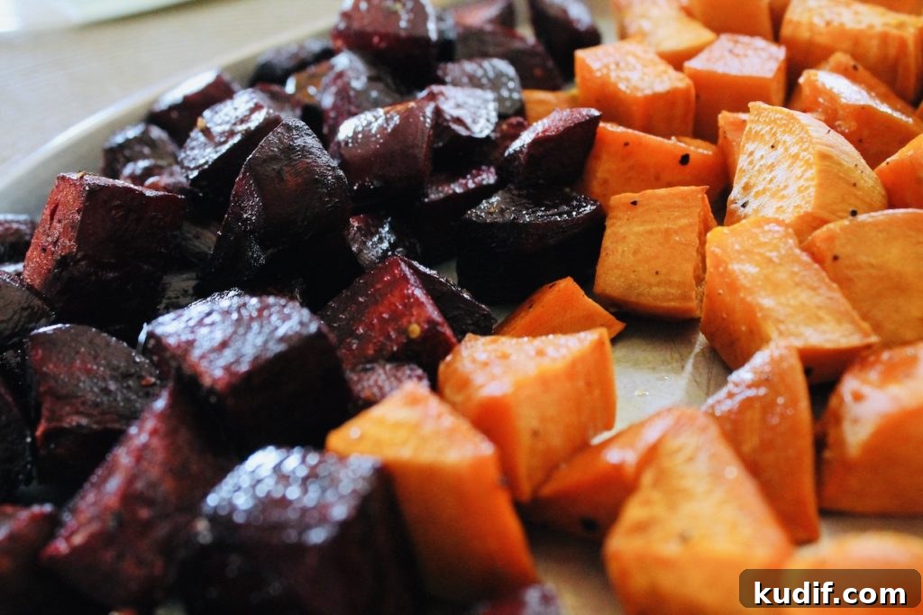 Out of the oven roasted beets and sweet potato