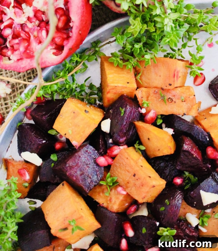 Roasted sweet potatoes and beets with pomegranate and thyme