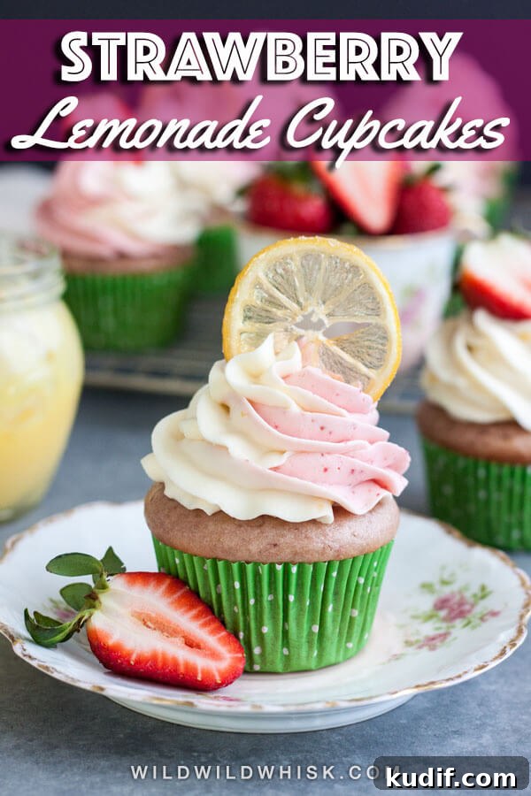 Strawberry Lemonade Cupcakes recipe from scratch with a lemon curd filling and two flavor cream cheese frosting. #wildwildwhisk #cupcakes