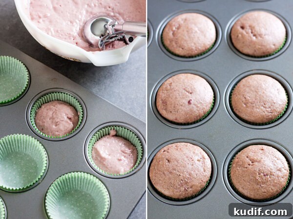 Strawberry cupcake batter is portioned using an ice cream scoop and baked in a muffin pan