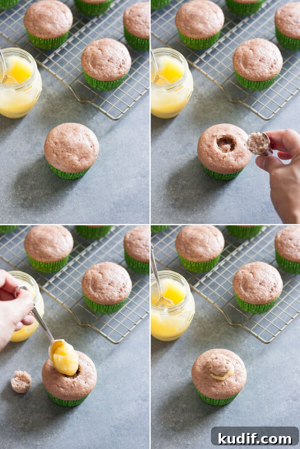 Cut a hole in a cupcake with the back of a piping tip and filling the whole with lemon curd