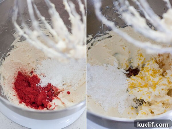 Ingredients for the two different frosting being mixed together in a stand mixer