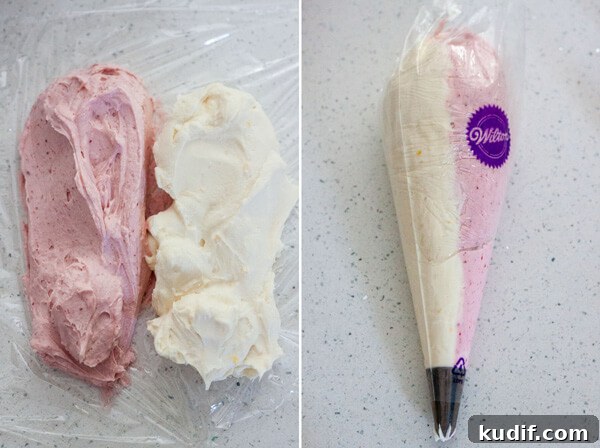Assemble the two frosting on plastic wrap to create color swirl