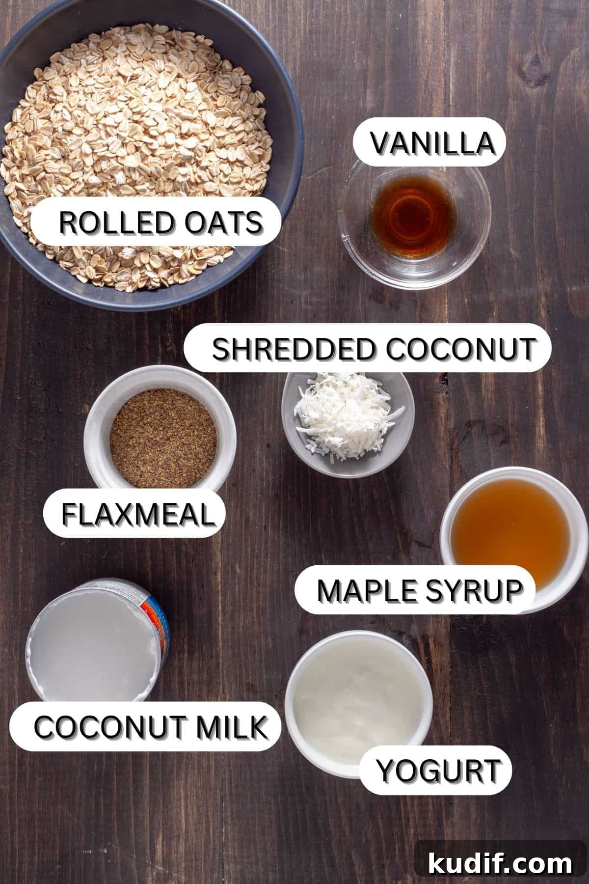 Ingredients for overnight oats with coconut milk on a dark table.