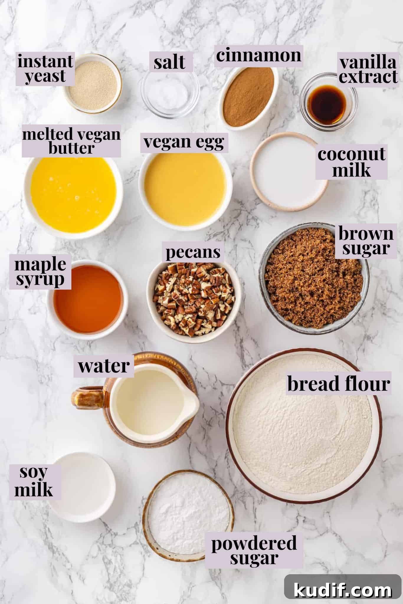 This vegan cinnamon roll French toast recipe has soft homemade cinnamon rolls baked in custard. The best cozy breakfast or holiday brunch! Overhead view of ingredients for cinnamon roll French toast