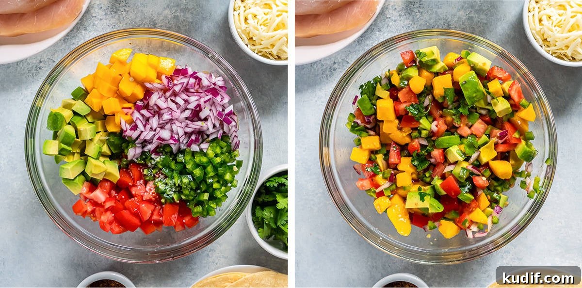 Two images of chopped mango, red onion, and other ingredients in a glass bowl.